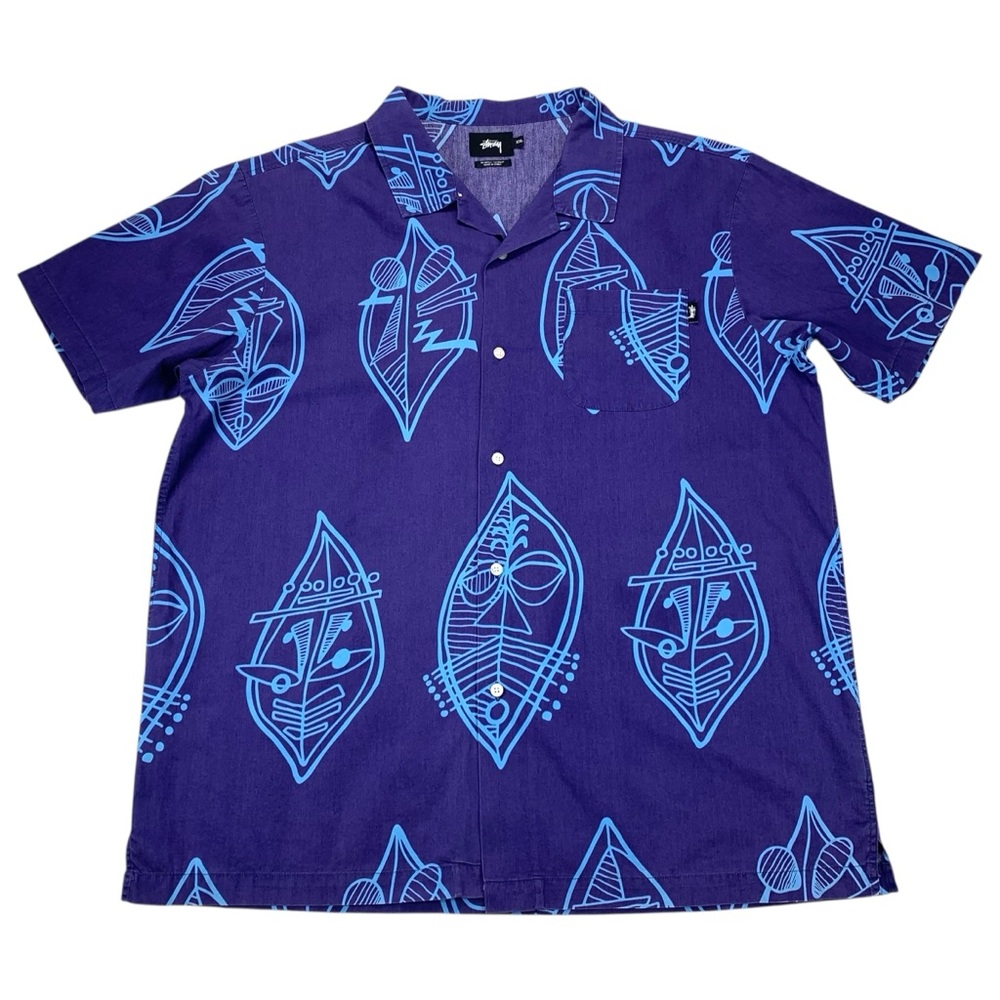 Stussy Zulu Tribal Mask Shirt Men’s‎ 2XL Blue Camp Collar Hawaii Surf